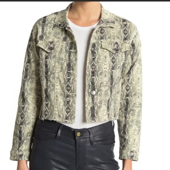 Vigoss faux snakeskin cotton distressed‎ hem cropped denim jacket medium - Picture 1 of 9